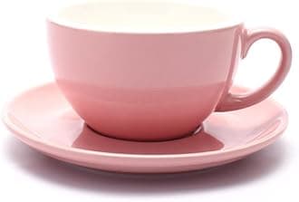 Barista Speciality Coffee Cup and Saucer, Small Cappuccino or Double Espresso Ceramic Cups (Glossy Pink, 5 oz)