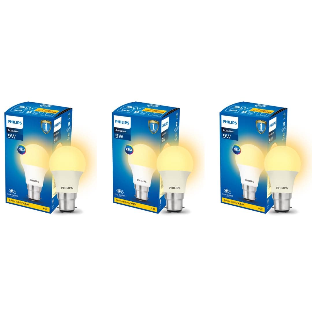 Philips 9-Watts B22 LED Warm White LED Bulb, Pack of 3, (Ace Saver)