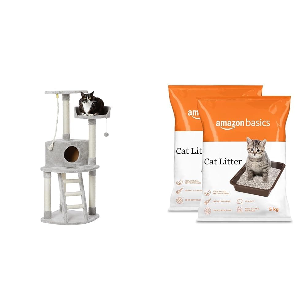 amazon basics, Cat Tree with Platform, Grey,1 Piece,X-Large & amazon basics, Scoopable Bentonite Cat Litter, Unscented, 5Kg Pack of 2