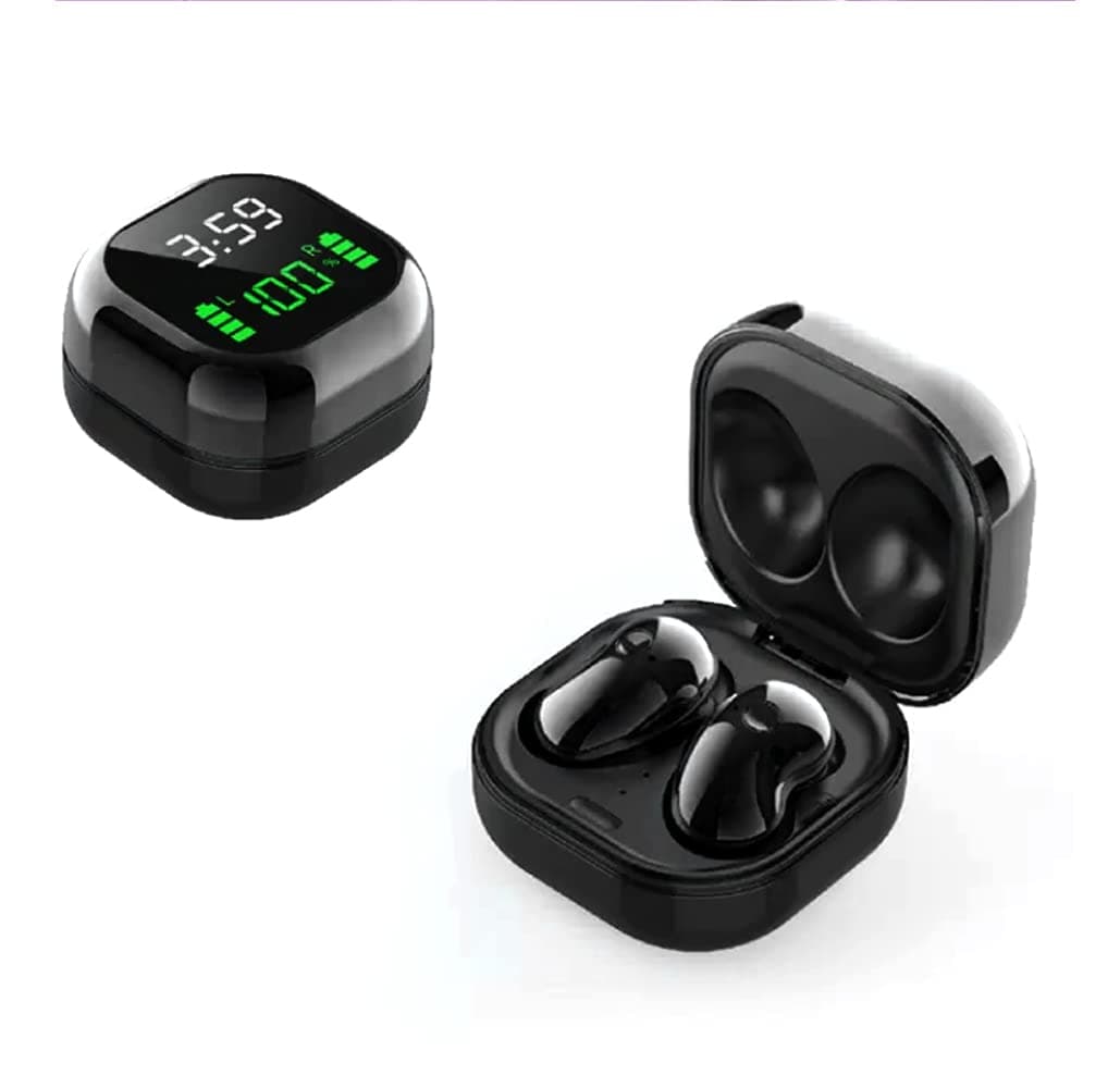 Fully Wireless Bluetooth 5.1 Rechargeable iPX4 Waterproof Sweatproof Earbud Headphones with Microphone, Micro USB LCD Clock Charging Case Surround Stereo Bass and Noise Cancelling Calls (Black)