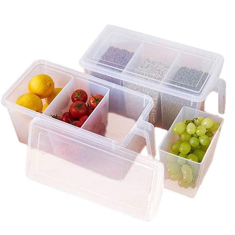 SIBY Plastic 3 Part Refrigerator Multipurpose Storage Fruit/Vegetable Basket with Lid with Handle (Transparent)