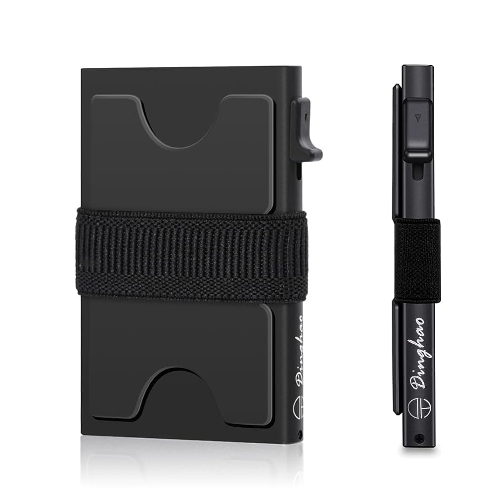 DinghaoSlim Wallet for Men, RFID Blocking Pop Up Card Holder Wallet, Slim Metal Card Case Wallet with Expandable Backplate, Minimalist Wallet for 12+ Cards and Cash, black, Pop Up Wallet
