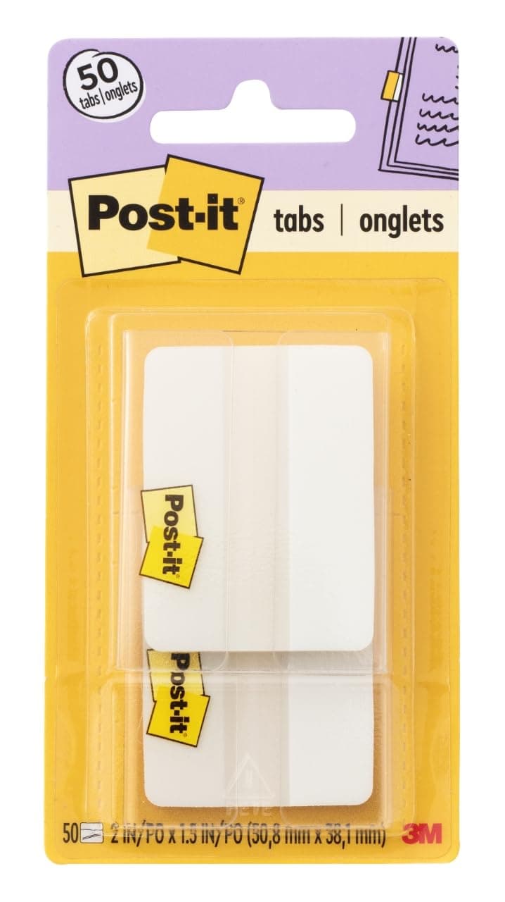 Post-it Sticky Tabs, 2 in. x 1.5 in., 2 Pads of Book Tabs for Bookmarking, Annotating, Reading, and Reminders, White (50 Total Count)