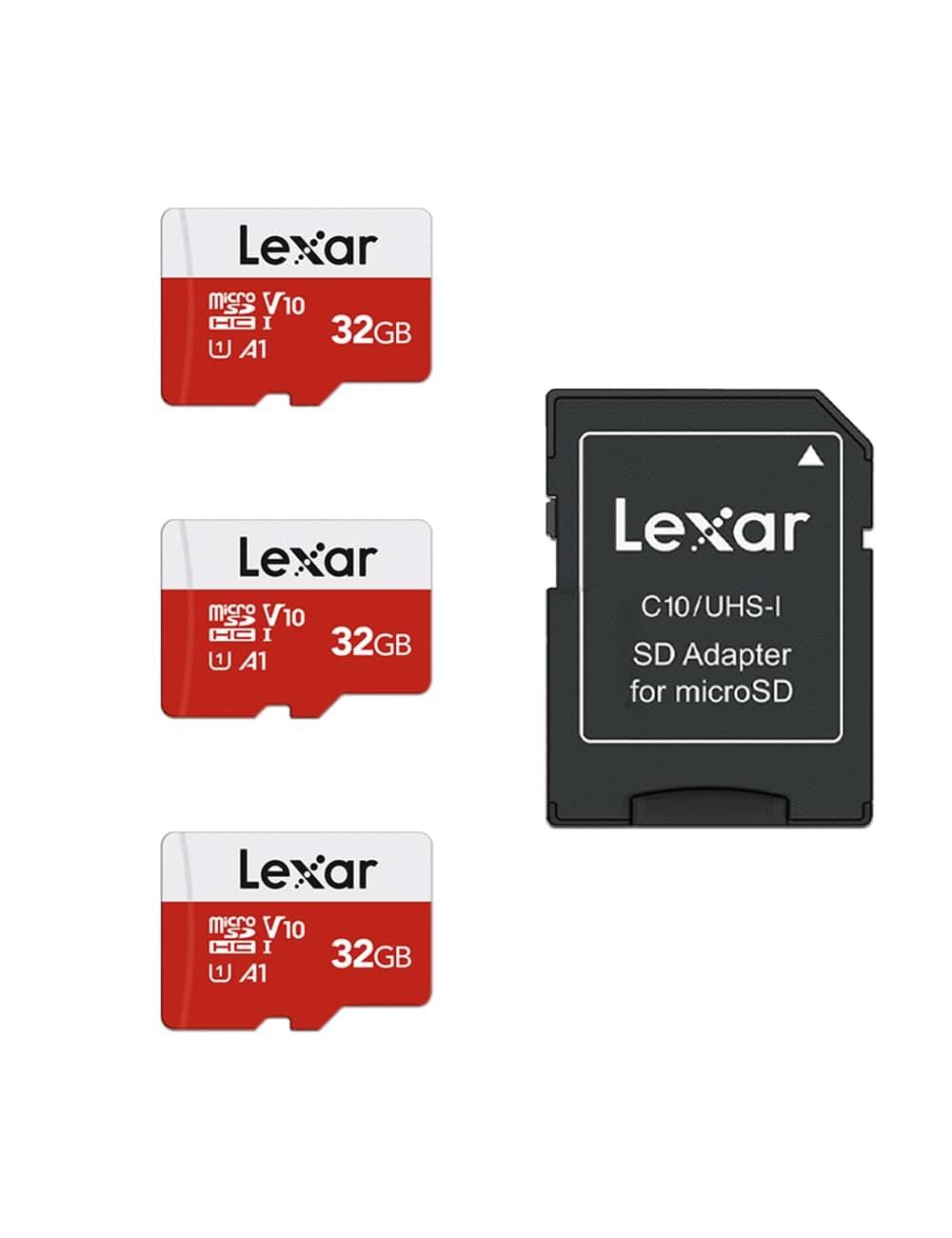 Lexar 32GB Micro SD Card 3 Pack, microSDHC UHS-I Flash Memory Card with Adapter - Up to 100MB/s, U1, Class10, V10, A1, High Speed TF Card (3 microSD Cards + 1 Adapter)