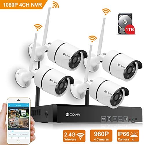 Wireless Security Camera System - Forcovr 4CH 1080P HD Home Surveillance Recorder NVR System Wifi Kit with 4PCS 960P Waterproof Night Vision Outdoor Bullet Cameras,Remote View,Motion Alerts 1TB HDD