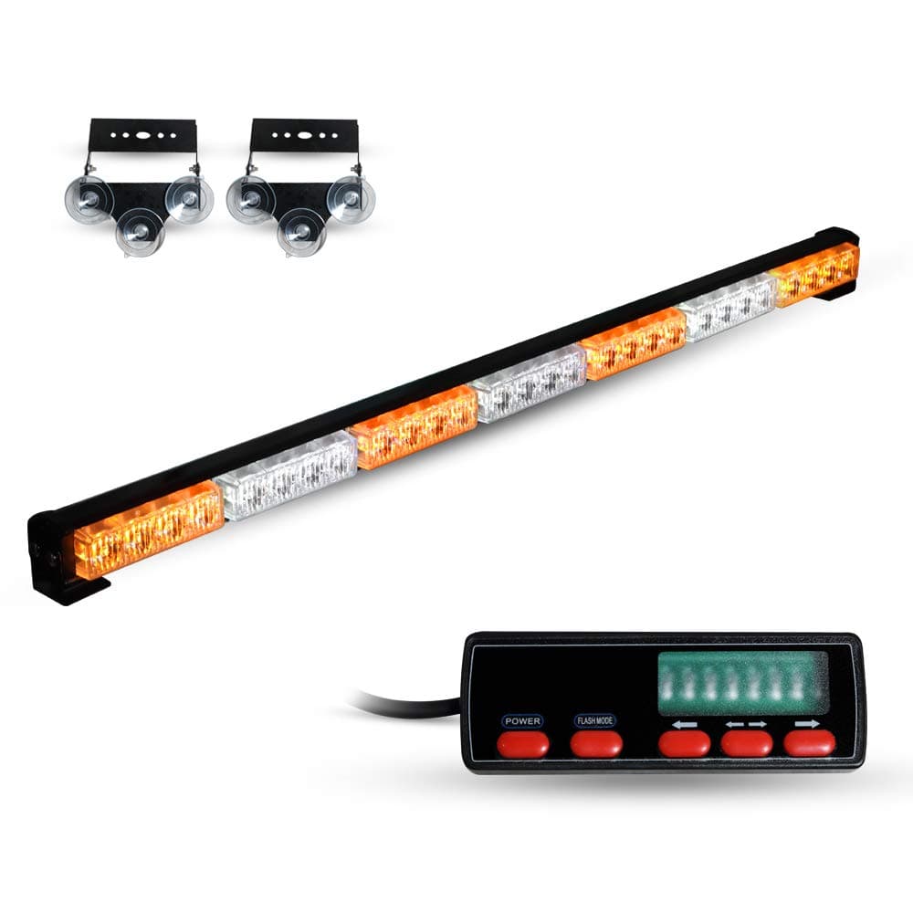 VKGAT 30" 28LED 15 Flash Patterns Hazard Emergency Warning Tow Traffic Advisor Flash Strobe Light Bar with Cigar Lighter and Suction Cups (Amber/White)