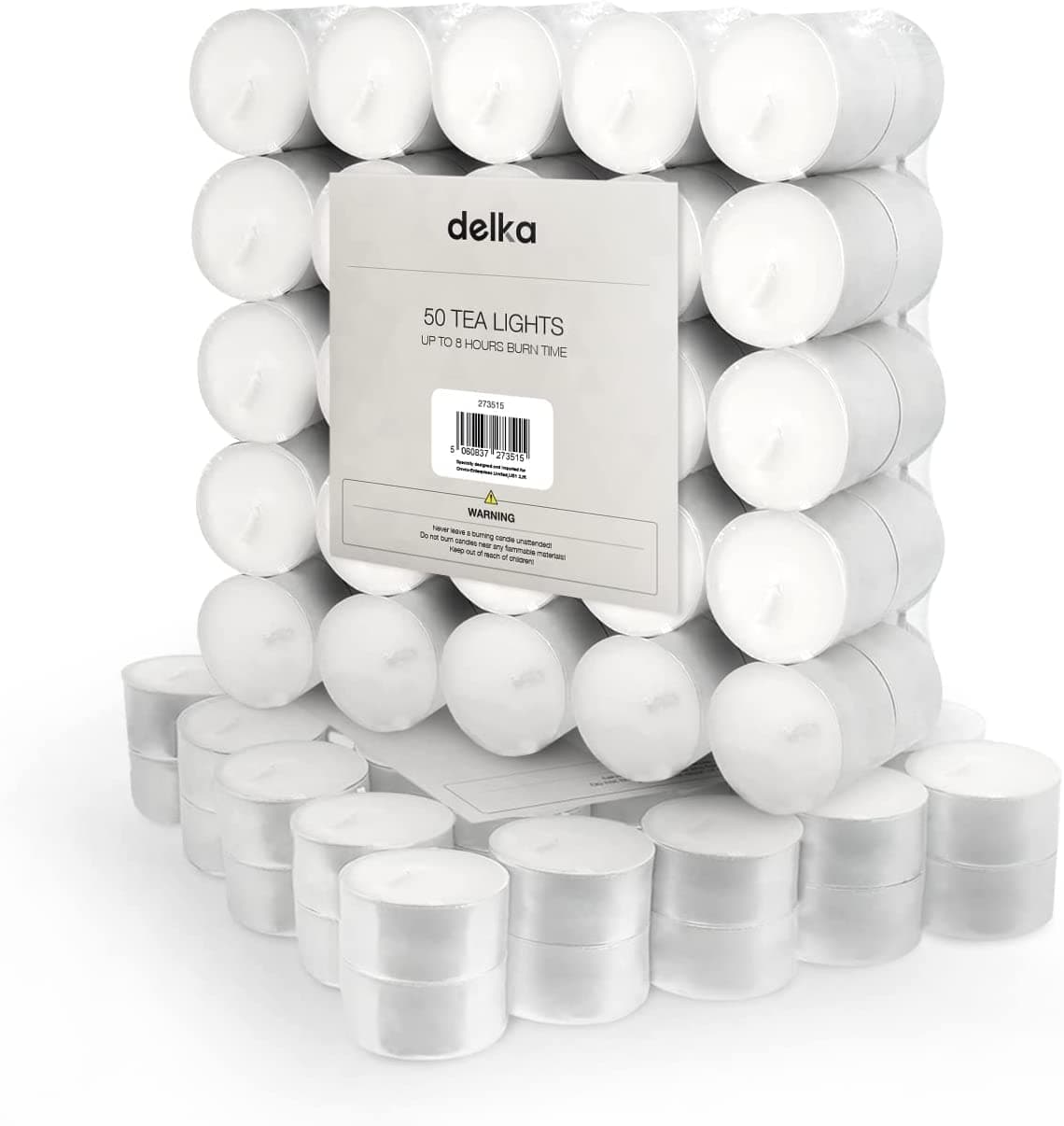 delka Unscented Tea Lights White- Long-Lasting 8 Hour Burn Time-Smoke-Free Bright Flame -Ideal for Weddings, Events, Aromatherapy, Home Décor, and Emergency Use-Premium Quality (White, Pack of 50)