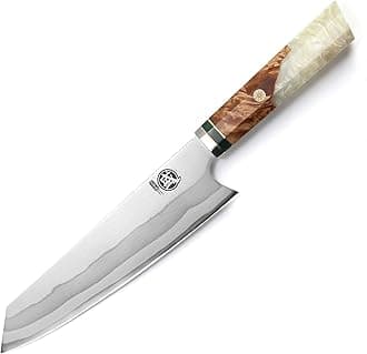 MITSUMOTO SAKARI 8 inch Japanese Kiritsuke Knife - Hand Forged 440C Damascus Steel, Professional Kitchen Chef Knives with White Pomegranate Handle & Sandalwood Box