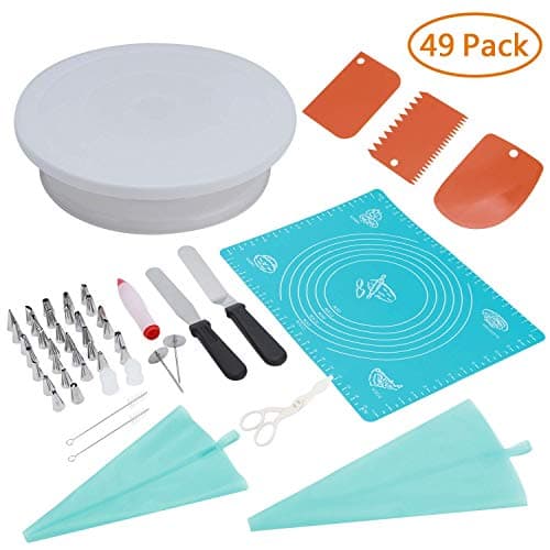 Top-Grade Cake Decorating Kit for Beginners, 49 Professional Baking Supplies with Smoother Rotating Cake Turntable, Icing Tips, Cake Scrappers, Decorating Spatula and More Accessories for DIY Kids