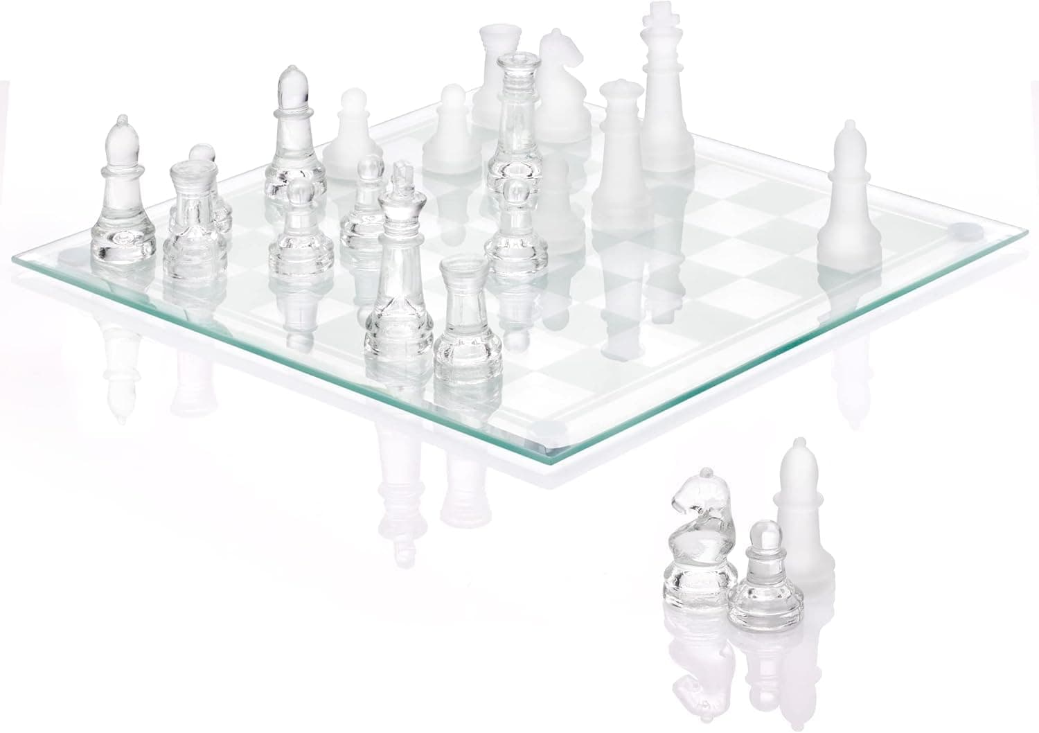 Fine Glass Chess Set, Modern Clear Chess Board Set with Solid Clear & Frosted Chess Pieces | 9.7'' Crystal Chess Board Set, Felt Padding Included