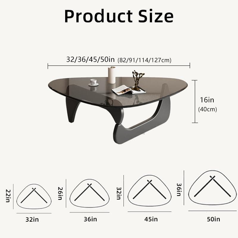 Triangle Coffee Table Modern Noguchi End Table, Solid Wood Base and 8mm Thick Tempered Glass Top Accent for Living Room Office Hotel Patio (Black Legs + Gray Glass, 32 * 22 * 16)