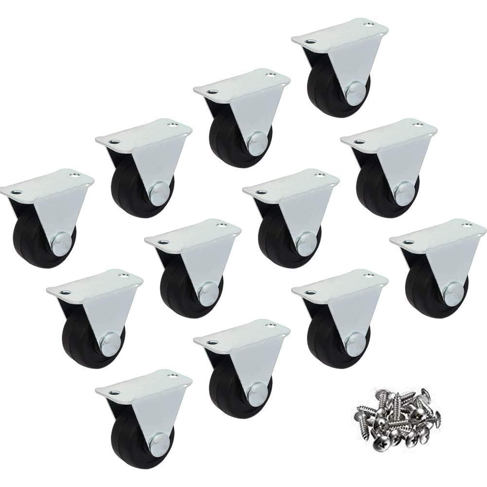 12 Pack 1-inch Dia Rubber Single Wheel Rigid Non-Swivel Top Plate Fixed Casters