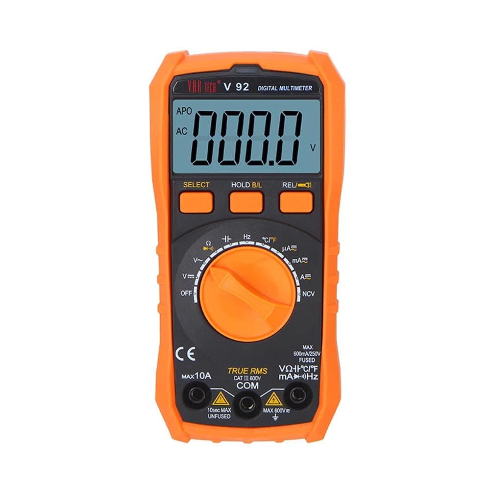 - VAR TECH Digital multimeter Auto ranging V 92 True RMS, 6000 Counts, 600 V AC DC 10 A AC DC, Resistance Frequency Continuity Capacitance Temperature tests with NCV and Overload protection