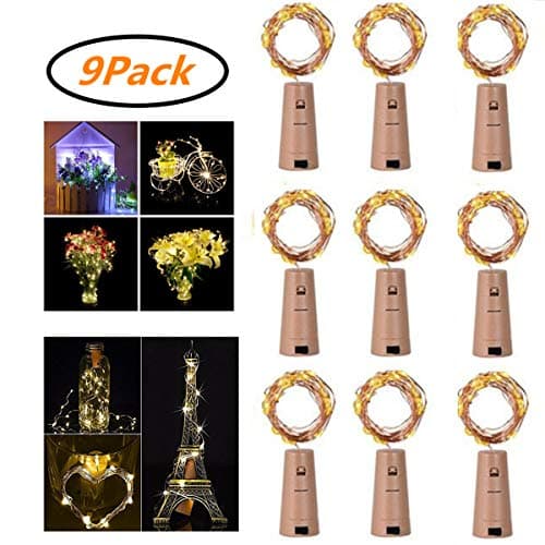 E KAINI 20 LED Wine Bottle Cork Lights Copper Wire String Lights, 9 Pack 2M/7.2FT Battery Operated Wine Bottle Fairy Lights Bottle Christmas, DIY, Wedding Party Décor (Warm White)