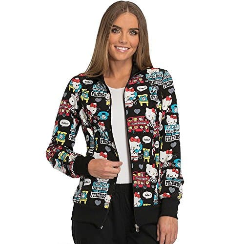 Tooniforms Cherokee Women's Zip Front Warm-Up Hello Kitty Print Scrub Jacket XX-Small Print