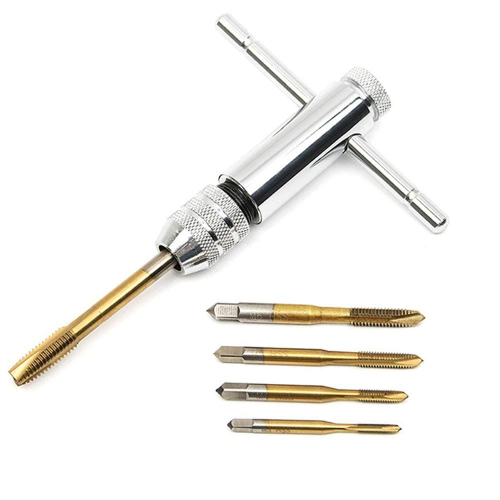 Malayas Adjustable M3-M8 3mm-8mm HSS T-Handle Reversible Ratchet Wrench Tapping Threading Tool with Gold Hand Screw Tap