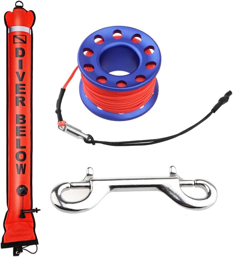 4ft Red Scuba Diving Open Bottom Surface Marker Buoy (SMB) with 49ft Finger Spool Alloy Dive Reel and Double Ended Bolt Clip - Blue