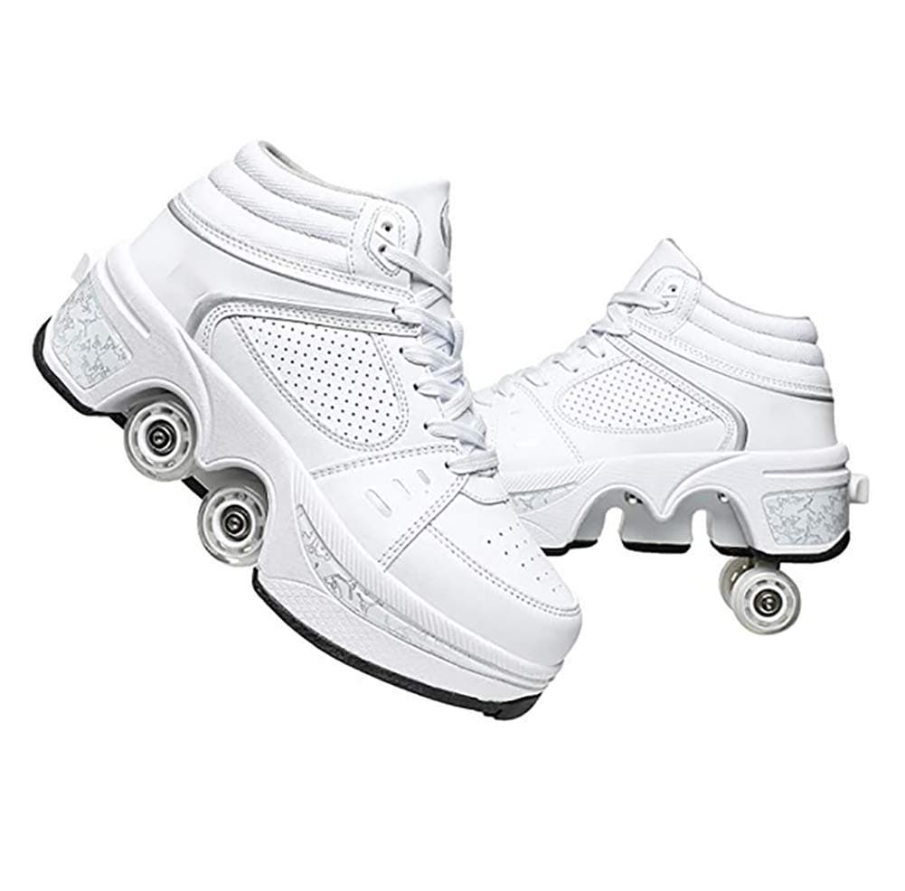 Double-Row Deform Wheel Automatic Walking Shoes Invisible Deformation Roller Skate 2 in 1 Removable Pulley Skates Skating Rollerskates Outdoor Parkour Shoes with Wheels for Girls Boys