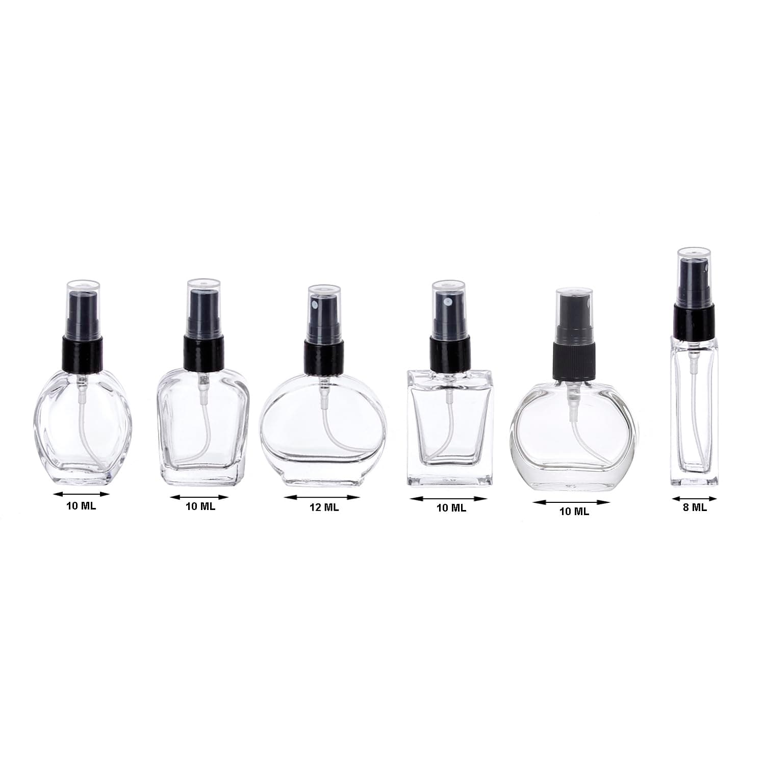 GRN Refillable Perfume Glass Bottles with spray pump. Assorted bottles in different shapes, Size and Capacity for Perfume Essential Oils Aromatic Water Blend Set of 6 Pcs