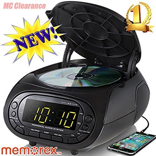 Memorex CD Top Loading Dual Alarm Clock AM/FM Stereo Radio MC7264 with 0.9-Inch Green LED Display and 3.5mm Aux Jack & Headphone Jack input (Black) Refurbished