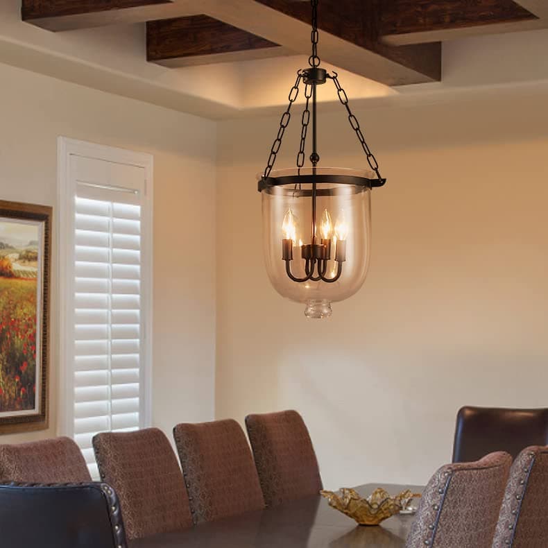 Retro Rustic Clear Glass Bell Jar Chain Ceiling Pendant Light with 3 Candle Lights (Large - 300mmDia)