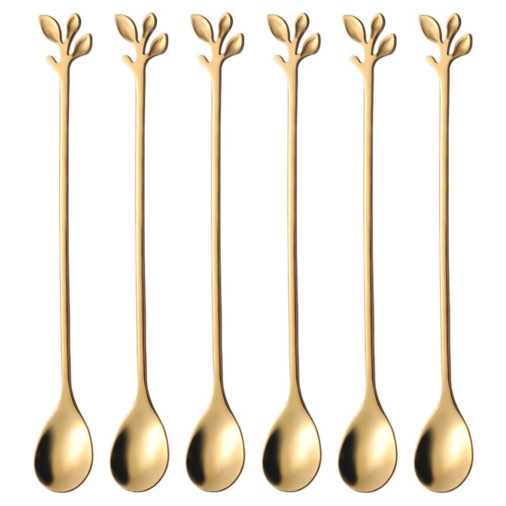 6-Pcs Gold Long Coffee Spoons - 7.4-Inch Leaf Handle