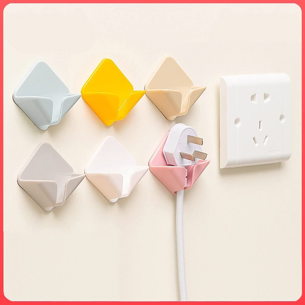 wolpin Self Adhesive Wall Hooks for Power Plug Socket Holder (Pack of 4) | Waterproof PVC Sticky Hooks for Home Wall Storage | Multipurpose Organizer for Keys Cables Kitchen Bathroom - Multicolor