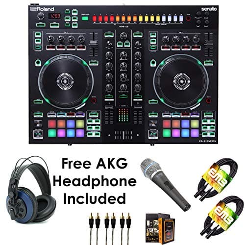 Roland PKG DJ-505 Two Channel, Four-Deck Serato DJ Controller – Package Bundle with EMIC800 Microphone, 3x RCA Cable, 2x XLR Cable, and Free Blue Headphone & Mobile Bracket