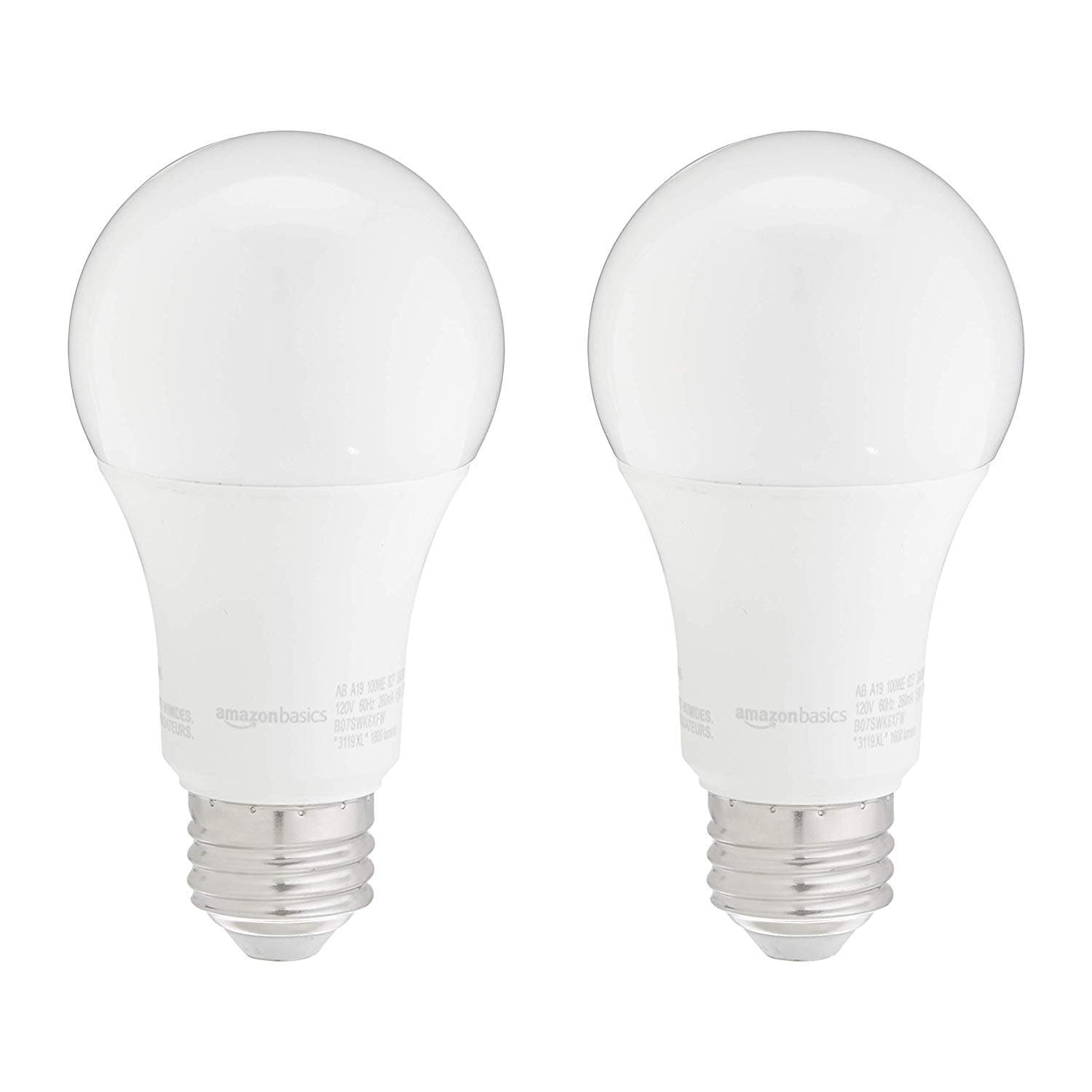 Amazon Basics A19 LED Light Bulbs, 100W Equivalent, 15W Energy Efficient, E26 Standard Base, Soft White 2700K, Non-Dimmable, 10,000 Hour Lifetime, 2-Pack