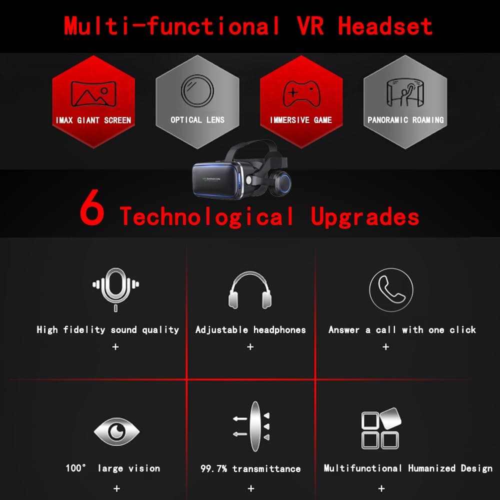 VR Headset with Remote Control, HD 3D VR Glasses, Virtual Reality Headset for VR Games and 3D Movies, VR Headset for iPhone/Android Phones, Compatible with 4.7-6 inch