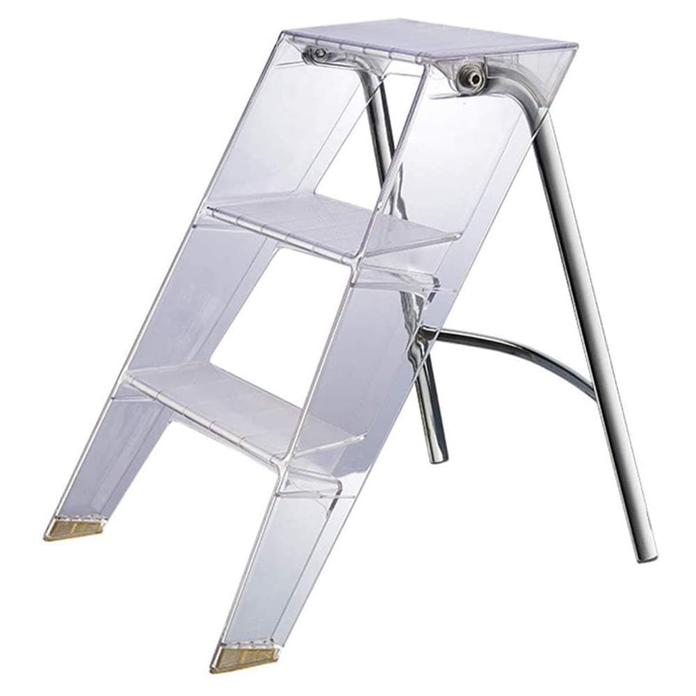 LYAID 3 Step Stool, Acrylic Three-Step Ladder Household Multifunctional Ladder Transparent Folding Stool, Library Foot Pedal Non-Slip Ladder,B