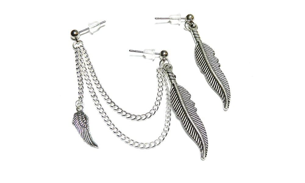 Wing and Feathers Double Cartilage Chain Earring Handmade