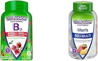 Vitafusion Extra Strength Vitamin B12 Gummy Vitamins for Energy Metabolism Support, Cherry Flavored, 90 Count Men's 50+ Multi Daily Support Supplement 60 Count