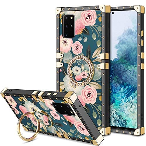 HoneyAKE Square Case for Galaxy S20+ Plus Case with Ring Stand Holder Floral Flower Elegant Soft TPU Reinforced Corner Shock-Absorbing Protective for Galaxy S20 Plus/S20+ 5G 6.7 inch  Flowers