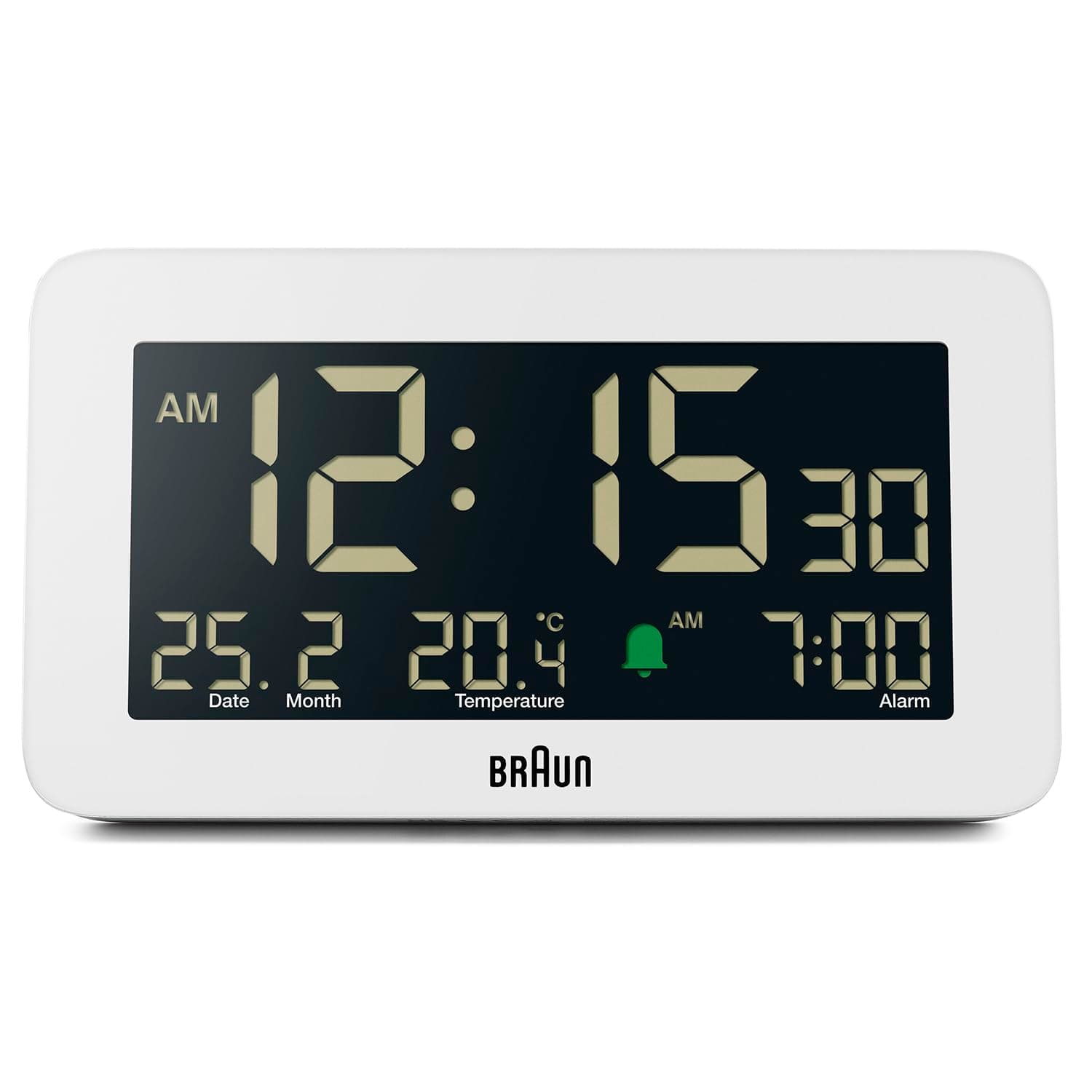 Digital Alarm Clock with Date, Month and Temperature Displayed, Negative LCD Display, Quick Set, Crescendo Beep Alarm in White, model BC10W.