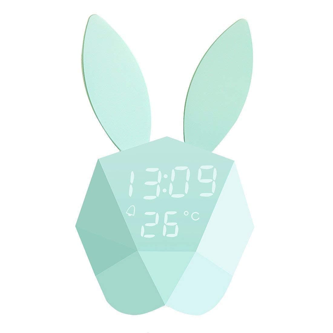 Kids Alarm Clock Wall Clock Cute Night Light Wake Up Light Cartoon Rabbit Bedside Lamp for Kids Children Adults Mother gifts (Blue)