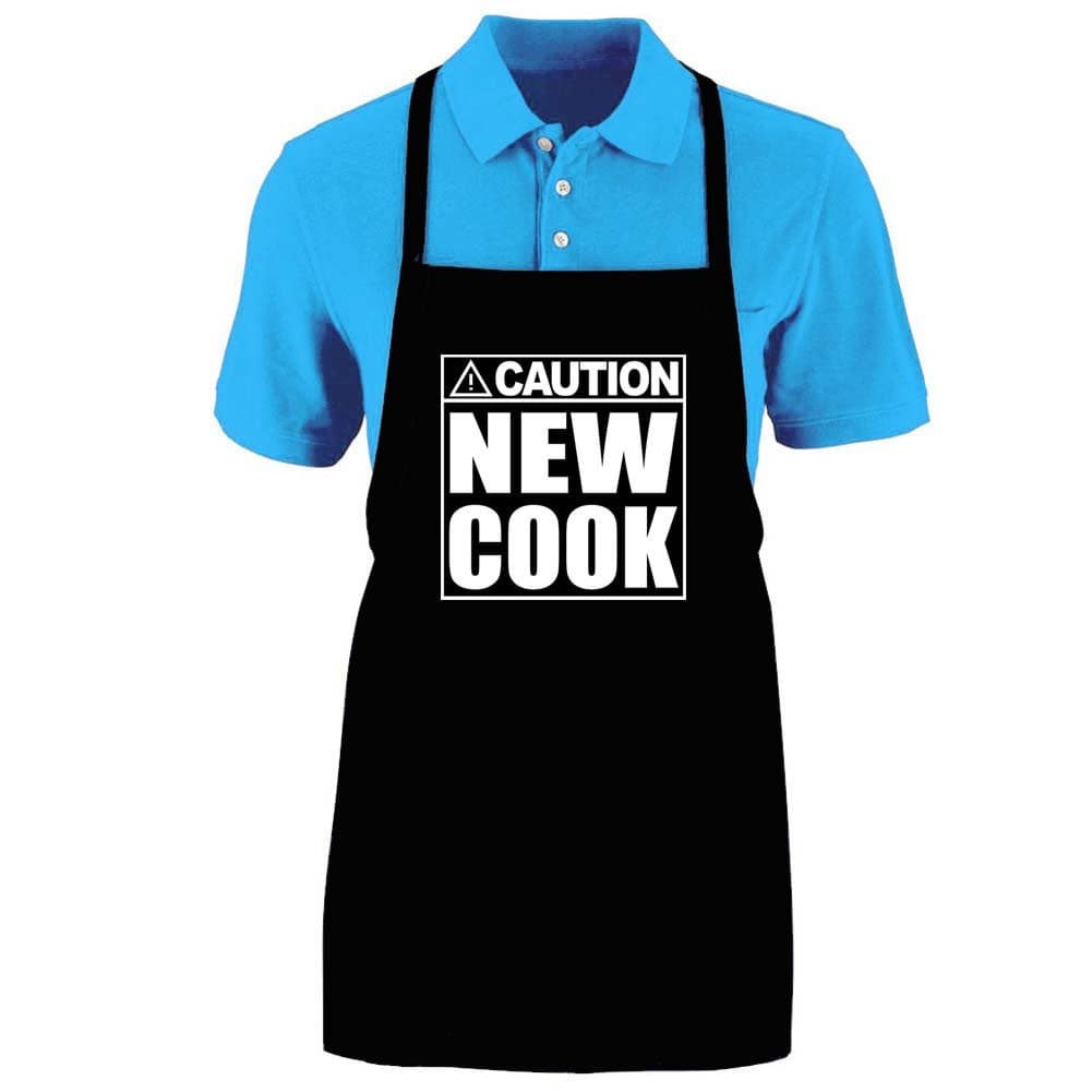 Funny "CAUTION - NEW COOK" Apron; One Size Fits Most - Medium Length Kitchen Aprons for Men, Women, Teen, & Kids (Unisex); Soft Cotton Polyester Mix with DuPont Teflon Fabric Protector. Great gift idea.