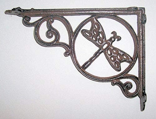 Heavy Cast Iron 8.75 Inch Wall Bracket or Shelf Bracket - with Dragonfly in a Circle - Primitive Design - Antique Rustic Color - Accented with Swirls and Curls