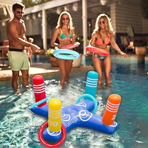 Inflatable Ring Toss Game Floating Swimming Ring with 4 Pcs Inflatable Rings for Multiplayer Water Pool Game Kid Family Pools Toys & Water Fun Outdoor Play Game Party Favors