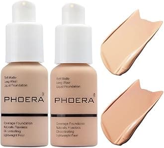 2 Pack PHOERA Foundation 102# Nude 103# Warm Peach,Flawless Soft Matte Liquid Foundation 24 HR Oil Control Concealer Foundation Makeup.