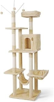Tall Climbing Modern Indoor Play Tower for Large Cats Kittens, 70-Inch with Top Perch, Cat Cave Condo, Cat Tree w Hammock, Multi-Level Cat Activity Tree w Cute Scratching Posts