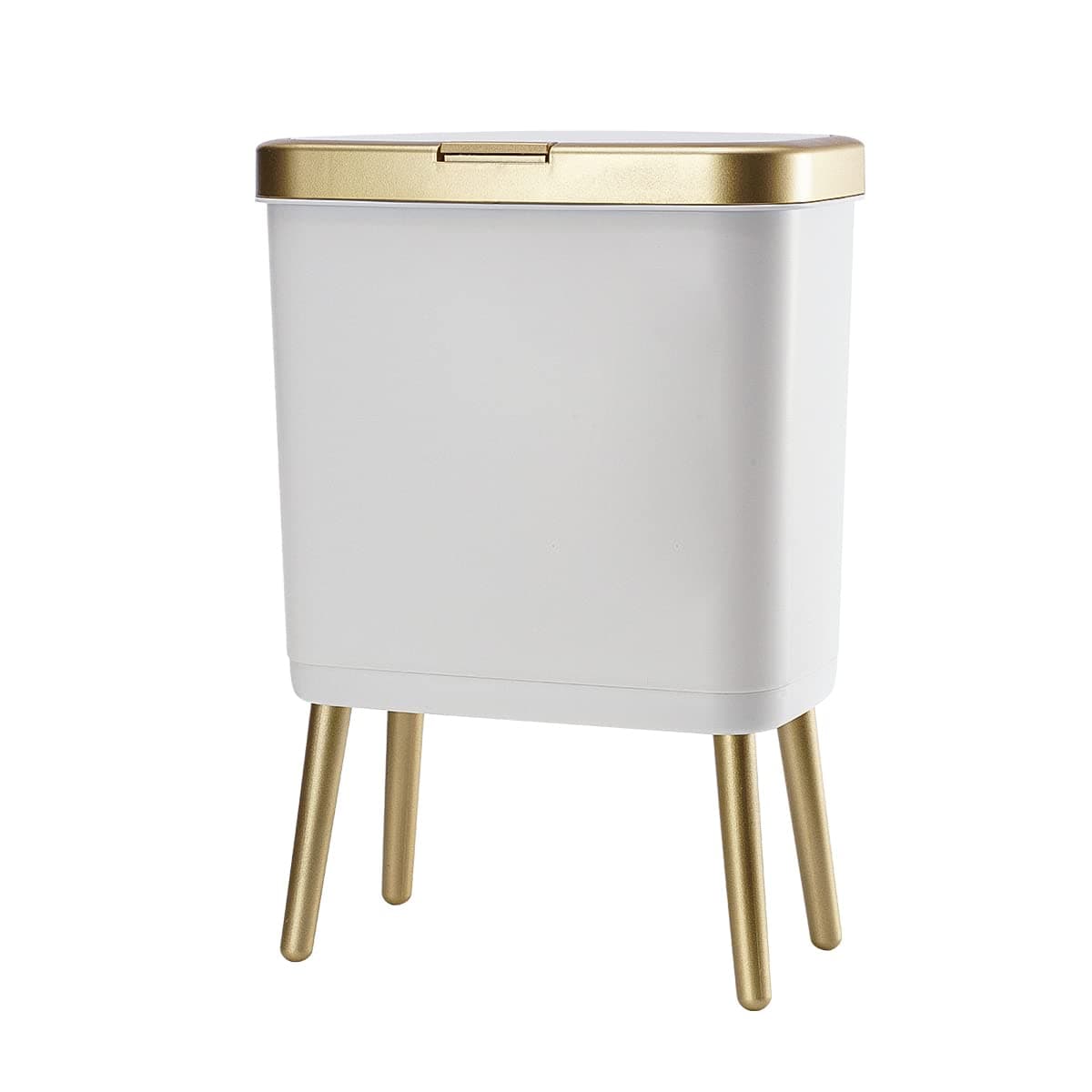 Procade Bathroom Trash Can with Lid, Plastic Garbage Can with Legs, 4 Gallon Gold Trash Bin with Push Button, Narrow White Trash Can Waste Basket for Bedroom, Living Room,Office，Dog Proof Trash Bin