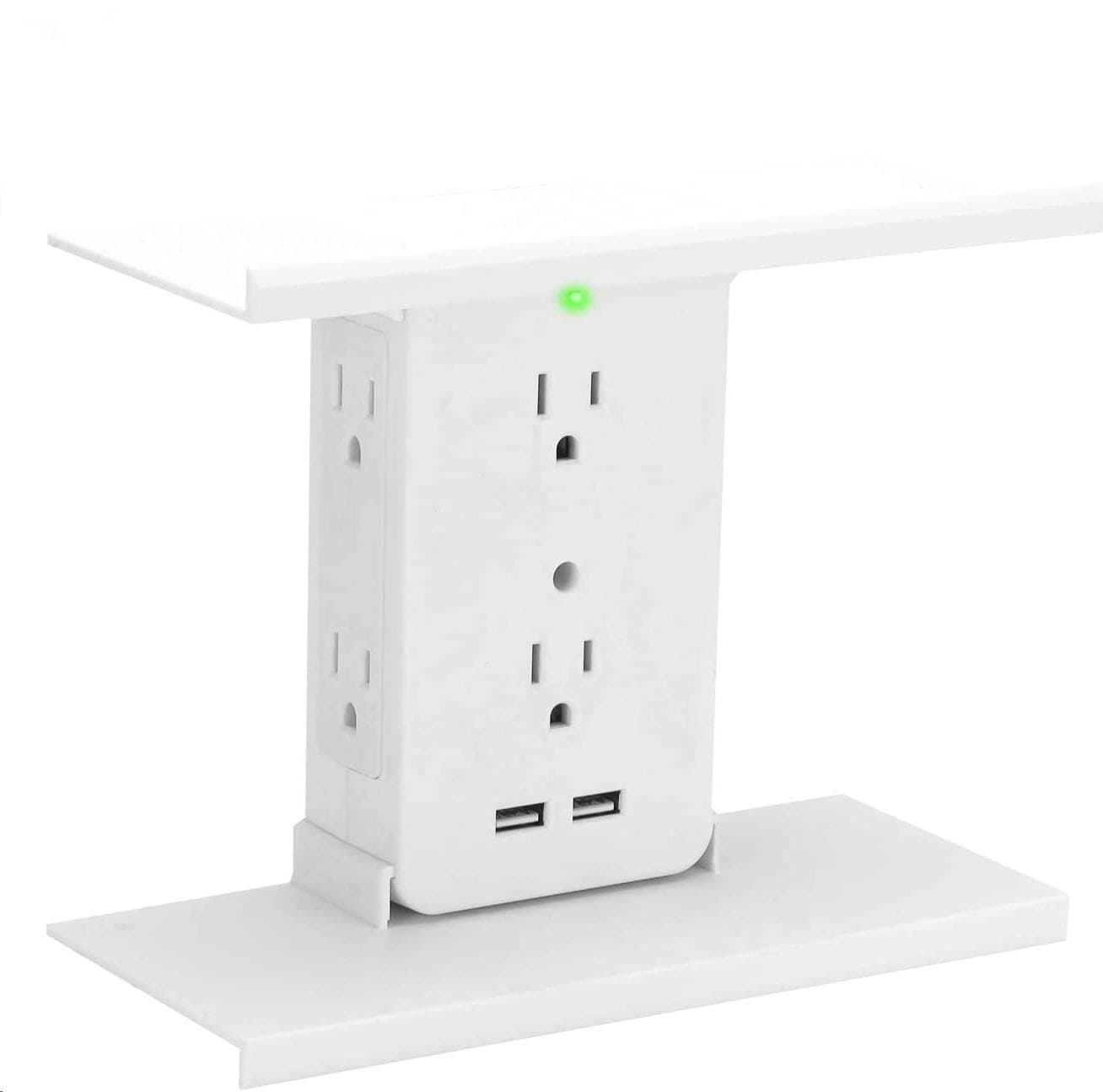 Socket Shelf Deluxe 8 Port Surge Protector Wall Outlet, 6 Electrical Outlet Extenders, 2 USB Charging Ports, 2 Removable & Interchangeable Shelves