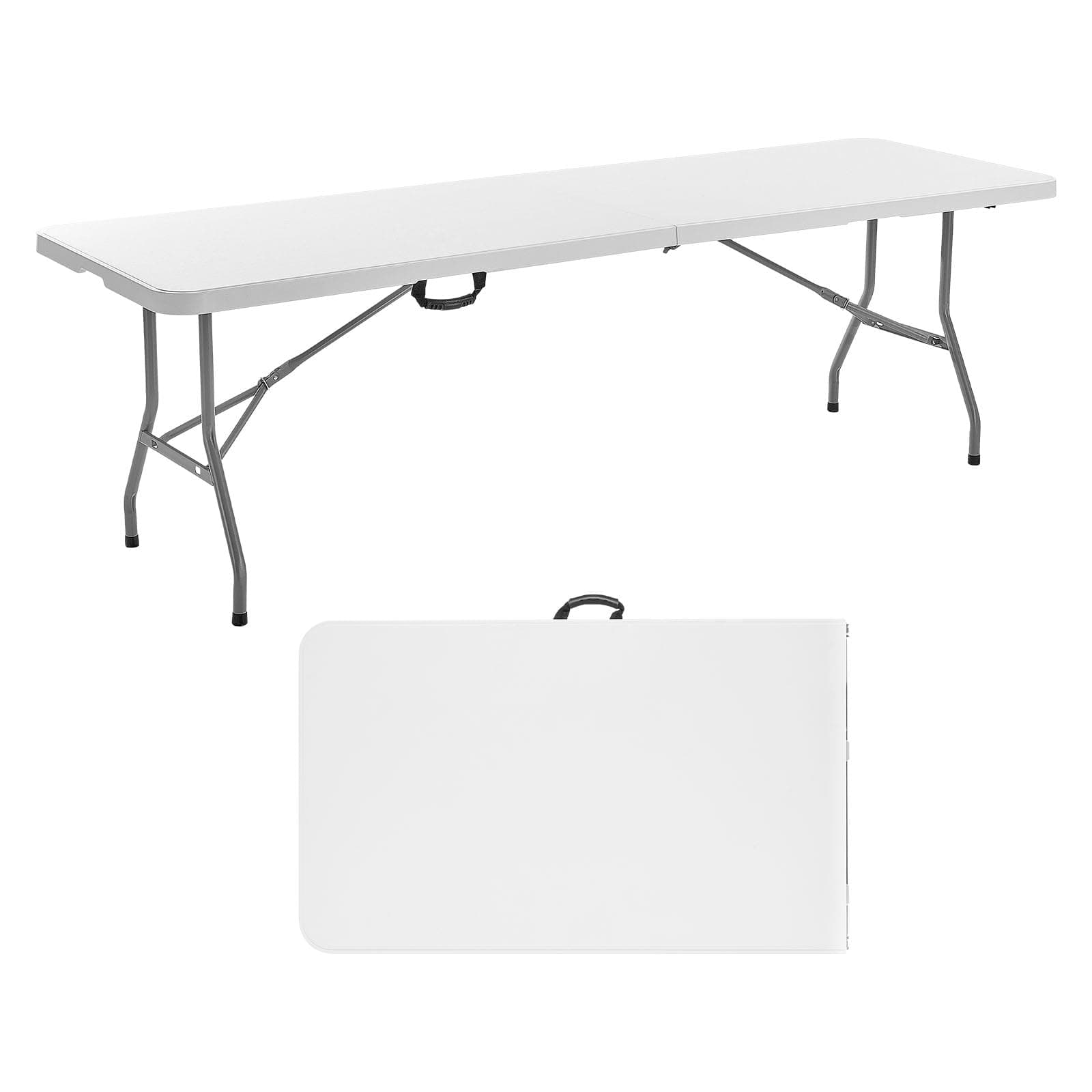 VEVOR Folding Table, Heavy Duty Portable Fold-in-Half Utility Table, Indoor Outdoor Plastic Rectangle Table with Built in Handle, for Party, Dining, Wedding, Events, Picnic, Camping, 8 ft, White