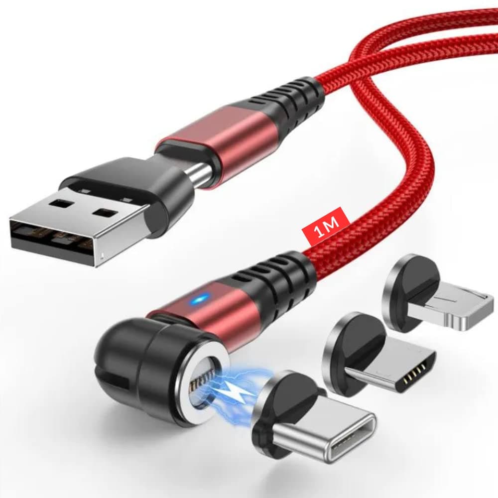 PD 60W Fast Charging USB-C Magnetic Data Cable, 360° & 180° Rotation, 3-in-1 Sync, Samsung S22/Laptop/iPad (Red - 1M)
