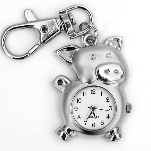 1Pc Sliver Lovely Pig Shape Clock Pocket Key Chain Ring Watch