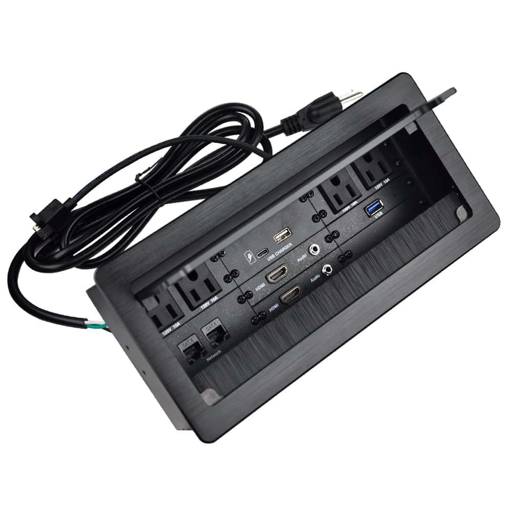 Connectivity Box with 4 AC Power+2 HDMI+2 Audio +2 LAN+1 USB-A Charger +1 USB-C Charger +1 USB3.0 Data with 5.58ft Power Cord for Conference Room (Black)