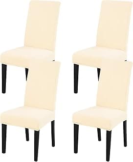 JQinHome 4 Pcs Dining Chair Slipcover,High Stretch Removable Washable Chair Seat Protector Cover for Home Party Hotel Wedding Ceremony (Beige White)