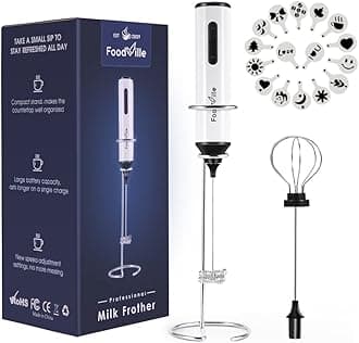 MF05 Rechargeable Milk Frother USB Charging Handheld Foam Maker with Stainless Balloon Whisk for Cappuccino, Latte, Bulletproof Coffee, Keto Diet, Protein Powder, Matcha (White with Stand)