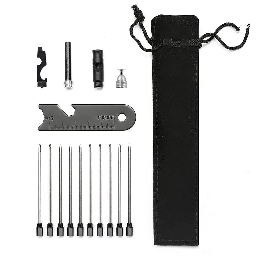 Tactical Pen Accessory Kit: 10 Ink Refills + Stylus + Fire Starter + Whistle + Pouch + Multitool + Gift-Boxed
